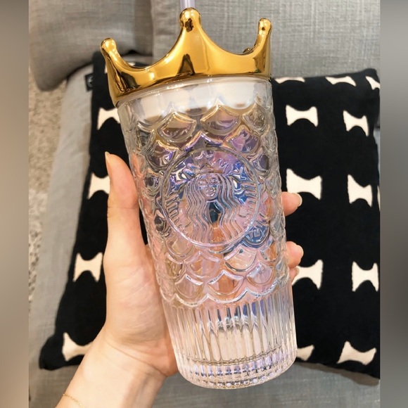 2020 Starbucks Gold Crown Lid Siren Mermaid Scale Iridescent Glass Tumbler 16 oz - Picture 4 of 4